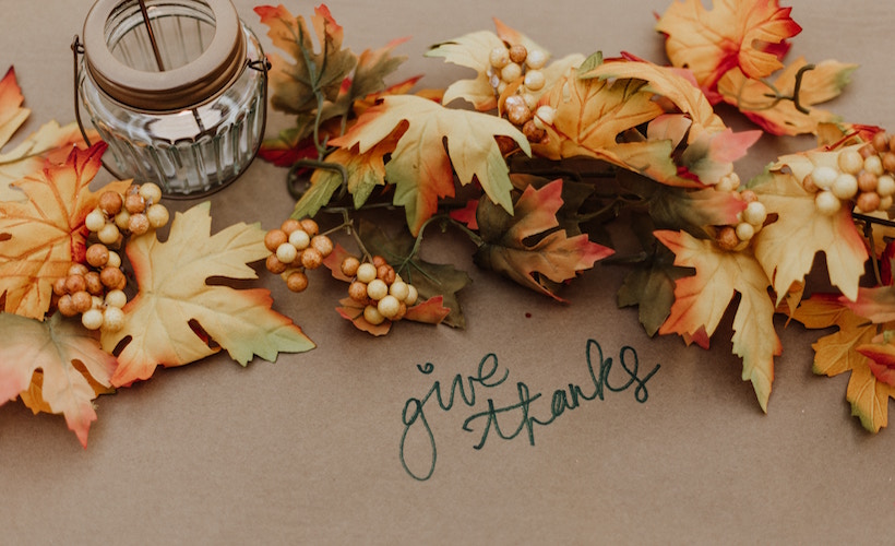 Fall leaf arrangement with the words Give Thanks